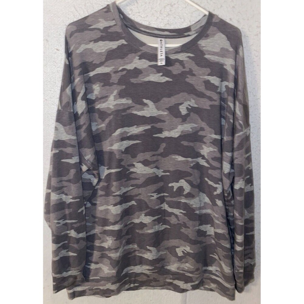 Women’s Sz XL Athleta Crewneck Military Green Camo Fleece Lightweight Sweatshirt
